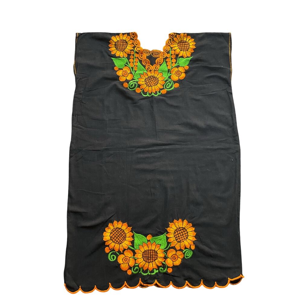 Mexican Black Embroidered Dress Sunflowers Folk Art Handcrafted Artisanal - Picture 5 of 10